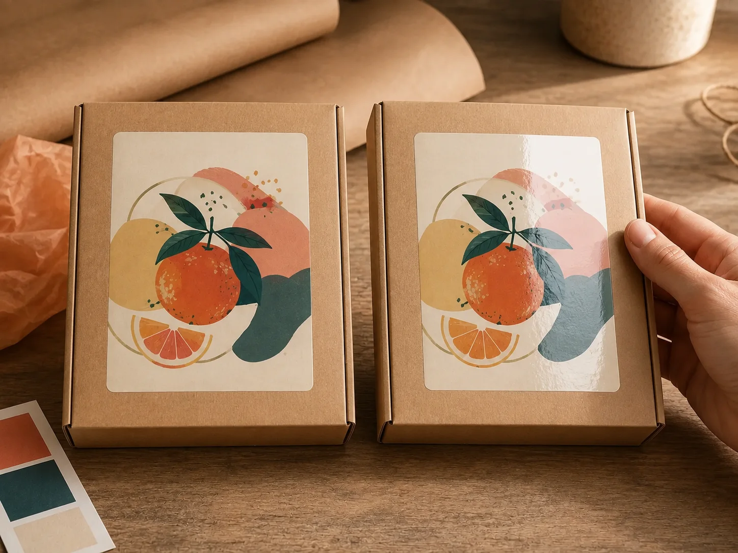 Dos stickers con el mismo diseño, uno mate y otro brillante, iluminados para comparar su reflejo