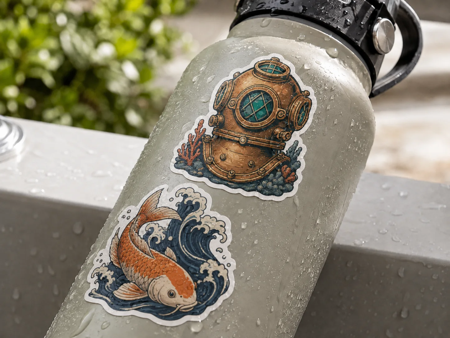 Stickers de vinil aplicados a una botella metálica con gotas de agua