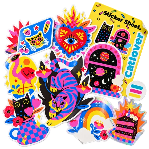 Colección de stickers coloridos con tigre, gatos, flores, arcoíris y acabados holográficos