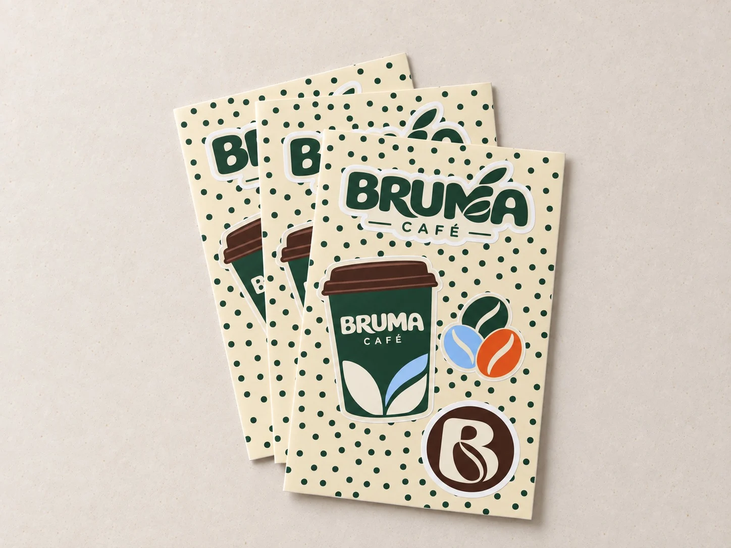 Hojas de stickers de Bruma Café con logotipo, vaso de café y granos de colores