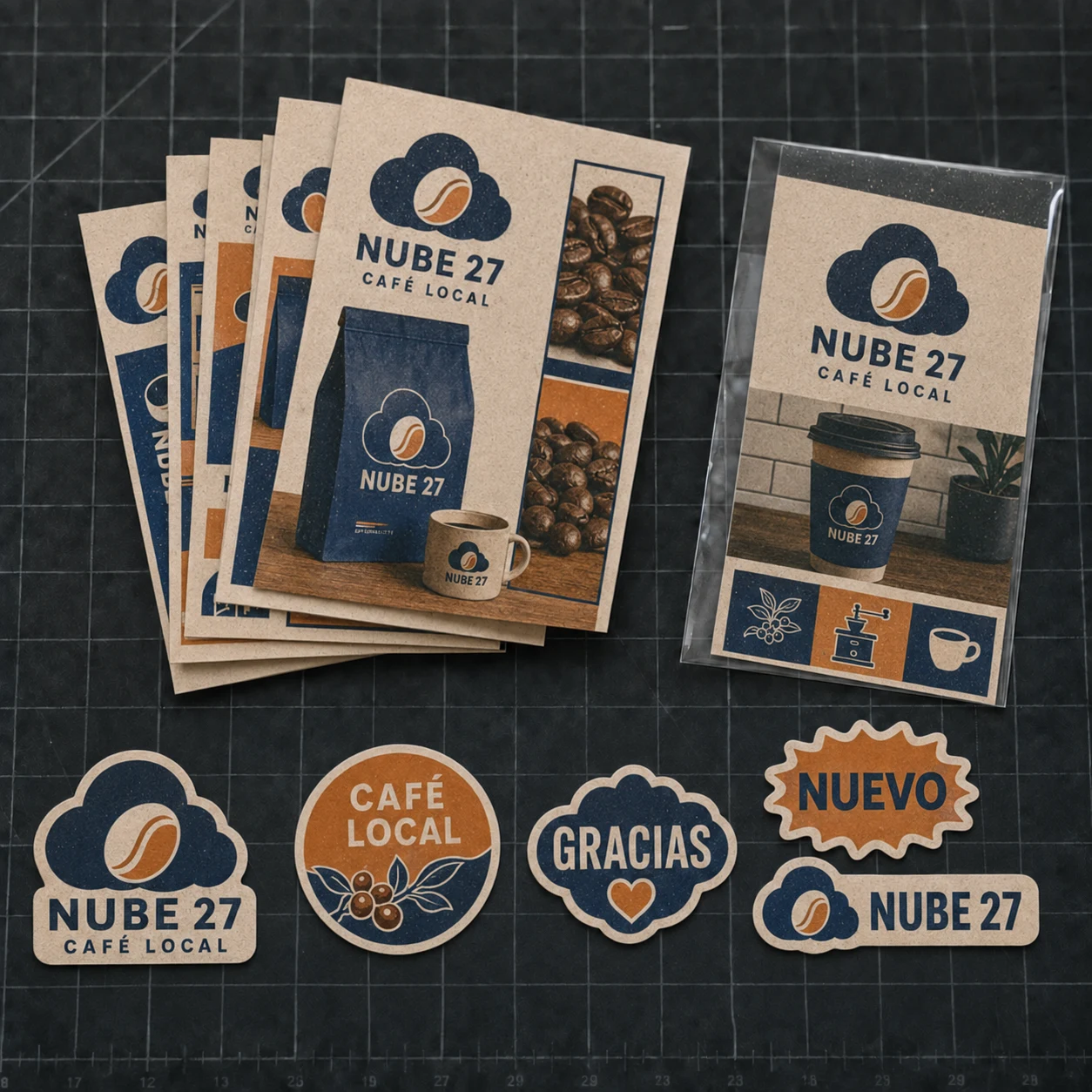 Mini prints y stickers promocionales de una marca de café preparados para venta y pedidos