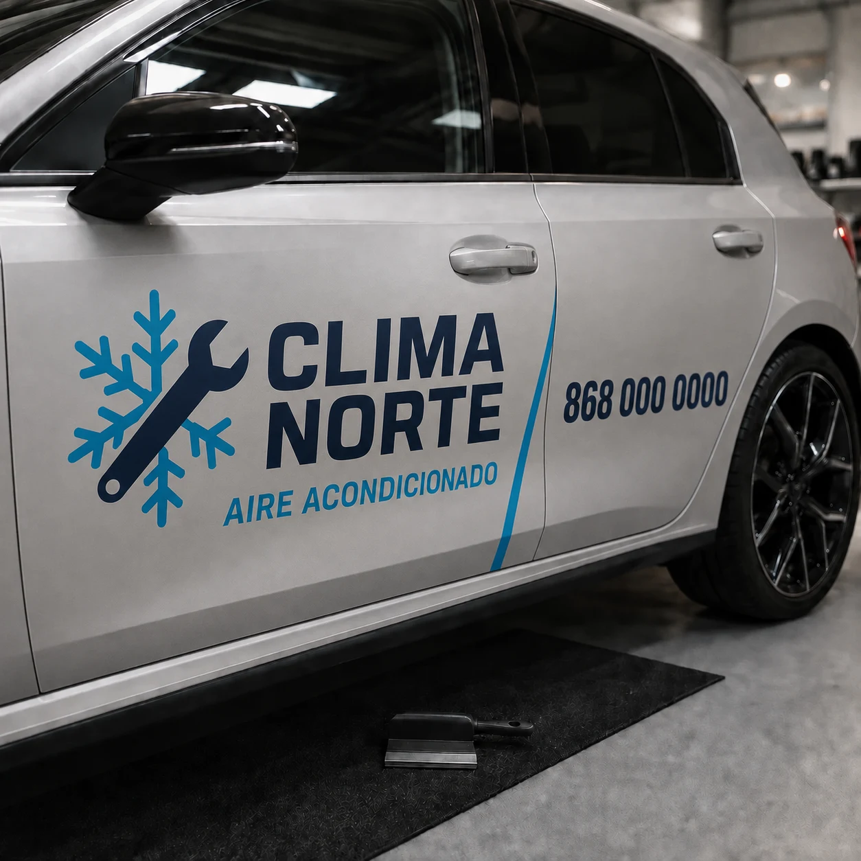 Automóvil comercial identificado con logo, servicio y contacto aplicados en vinil