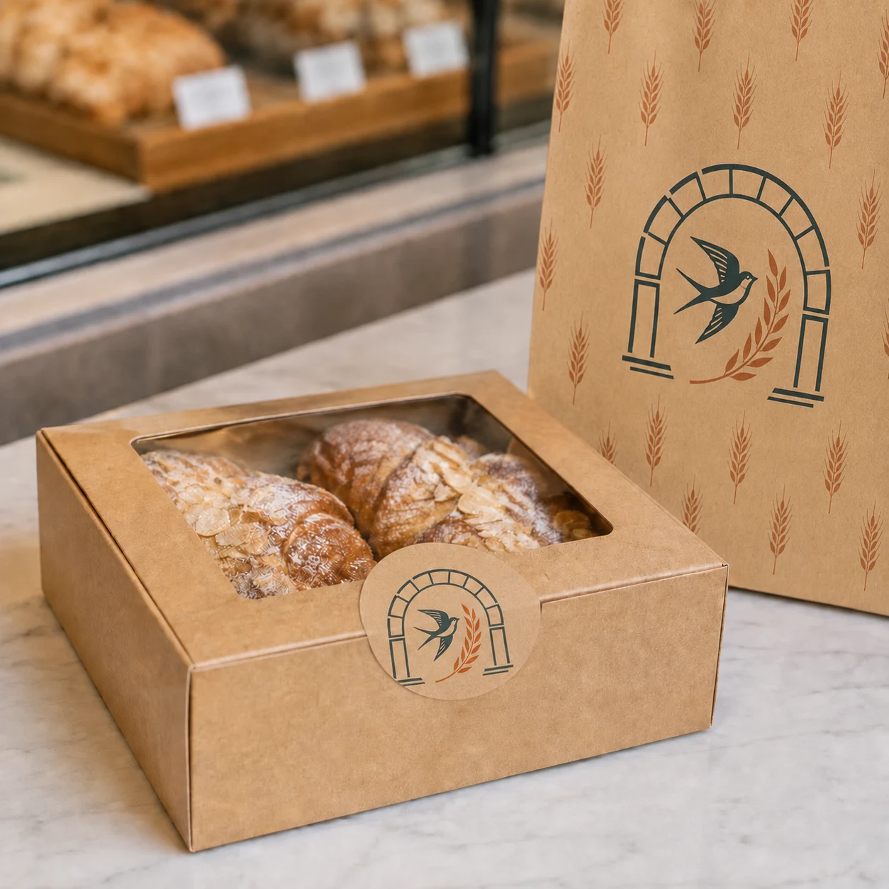 Caja de panadería sellada con un sticker original y acompañada por empaque coordinado