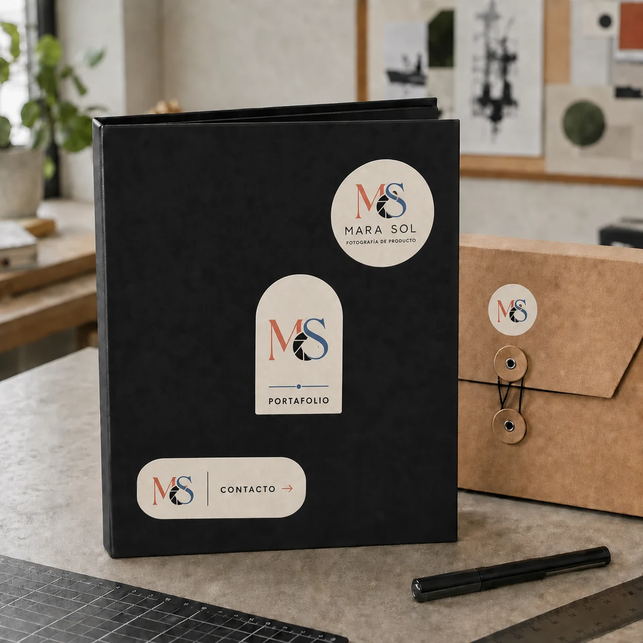 Portafolio profesional con stickers de nombre, especialidad y contacto de una fotógrafa