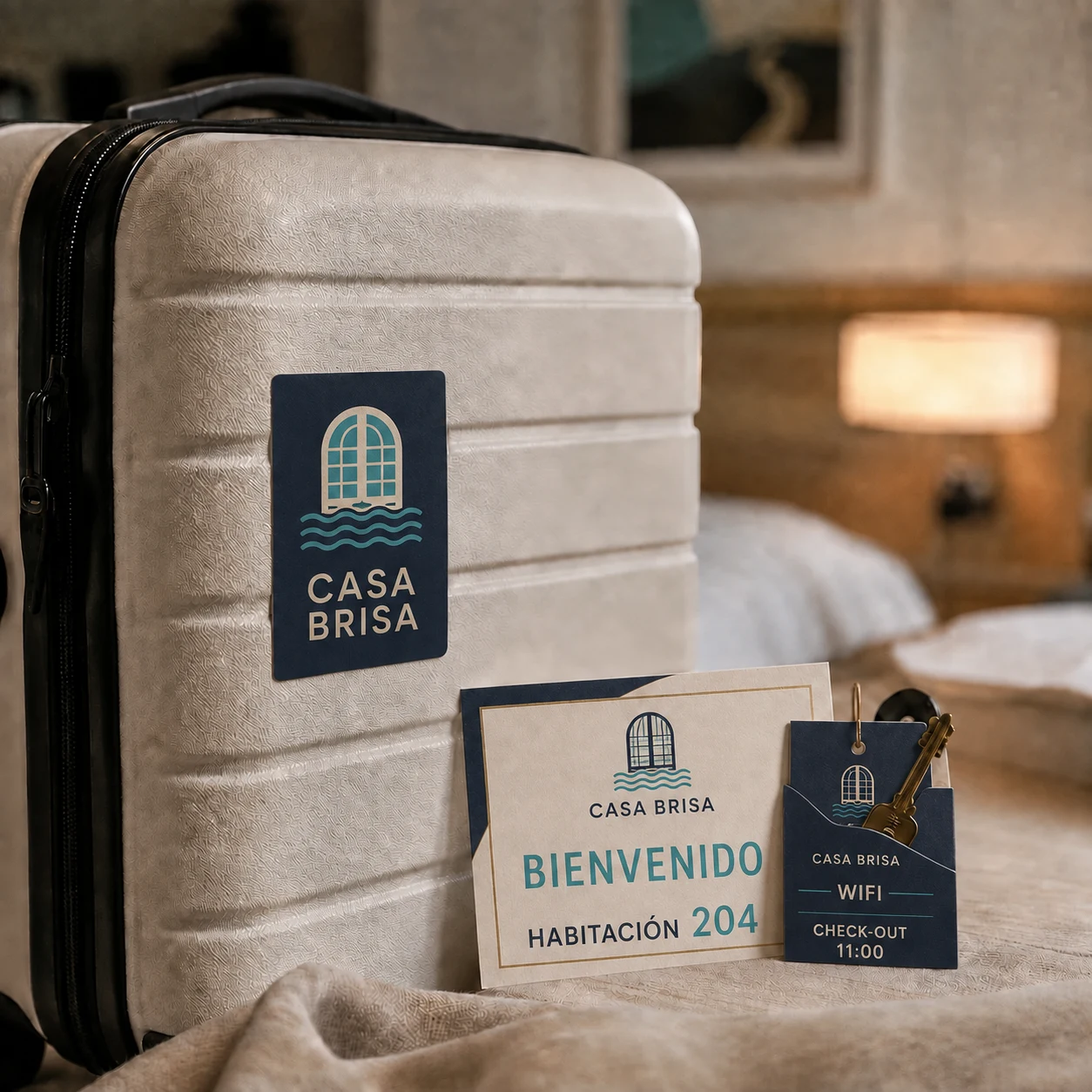 Kit de check-in con marca, bienvenida, habitación y datos útiles para el huésped